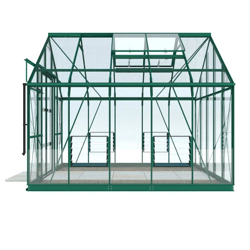 A glass Rhino Greenhouse with a sturdy green metal frame stands on a flat surface. It features open roof vents and sliding doors, providing an airy environment suitable for gardening.
