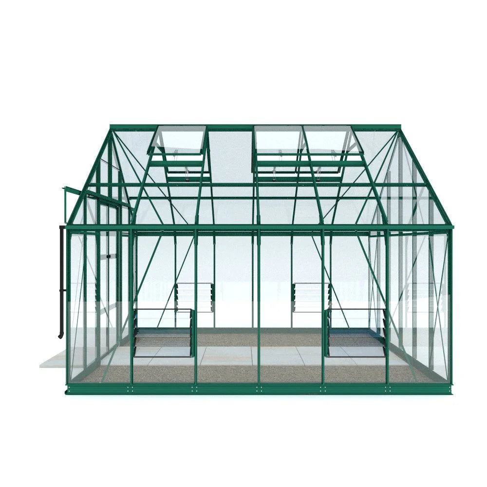 Rhino Greenhouse with a green metal frame and transparent glass panels, featuring automatic roof vents, in a minimalist indoor setting.