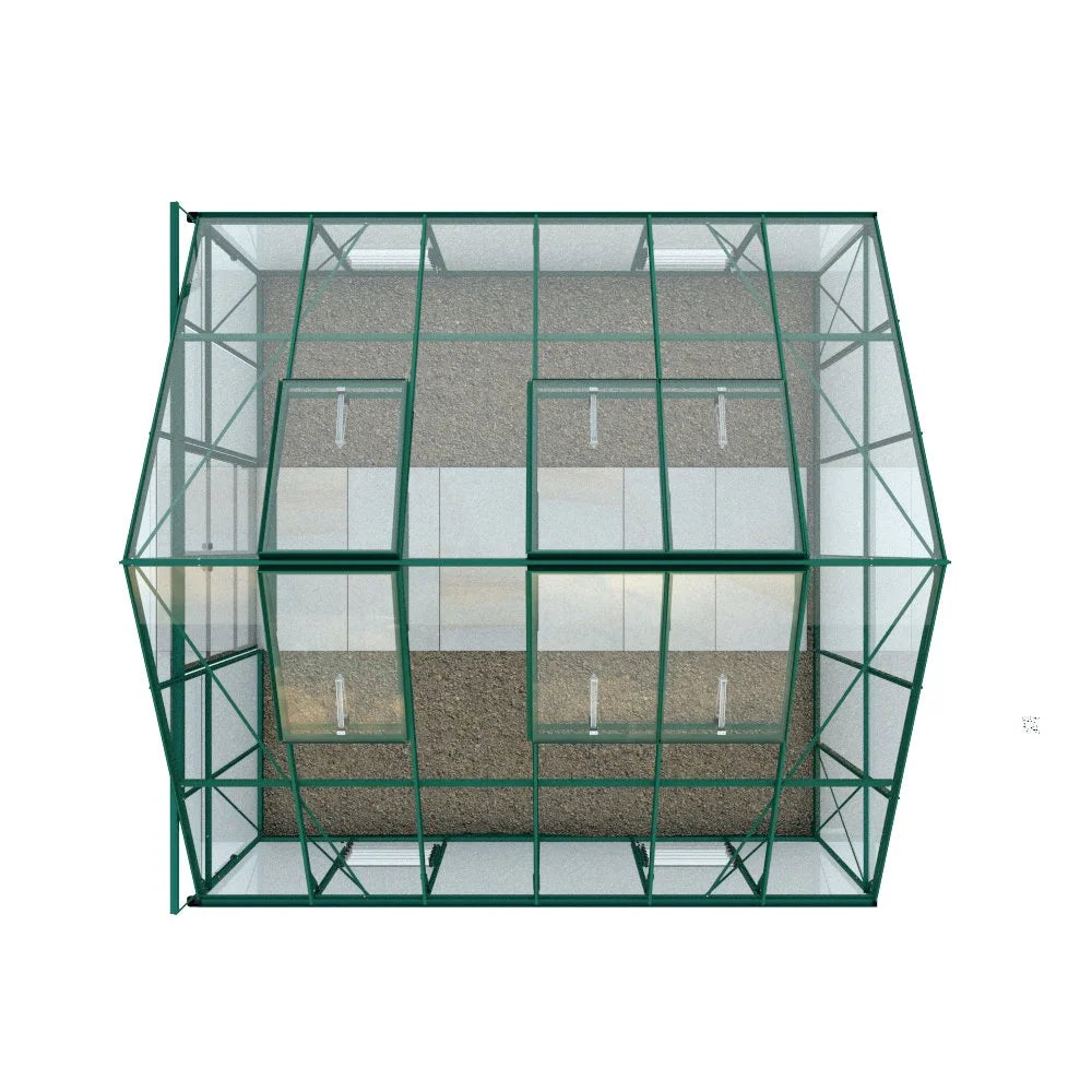 A green-framed glass Rhino Greenhouse, viewed from above, shows two open roof vents, revealing a gravel base inside. The structure is set against a plain white background.