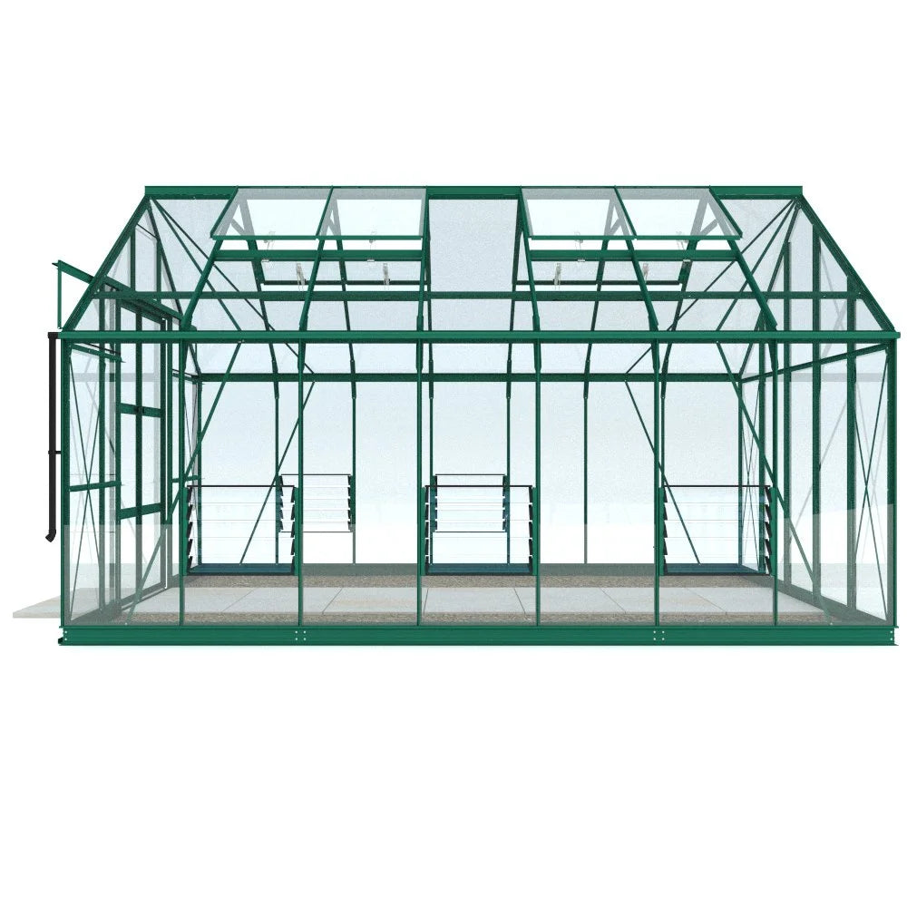 A large green-framed glass Rhino Greenhouse with open side vents stands on a solid surface, designed for plant cultivation in a controlled environment.