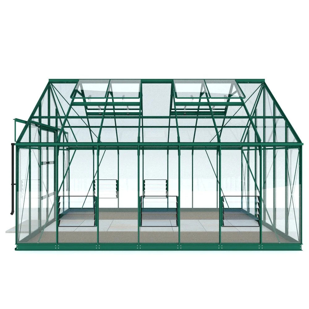 A green-framed glass Rhino Greenhouse, featuring roof vents and a side door, stands on a tiled base in a minimalist environment.