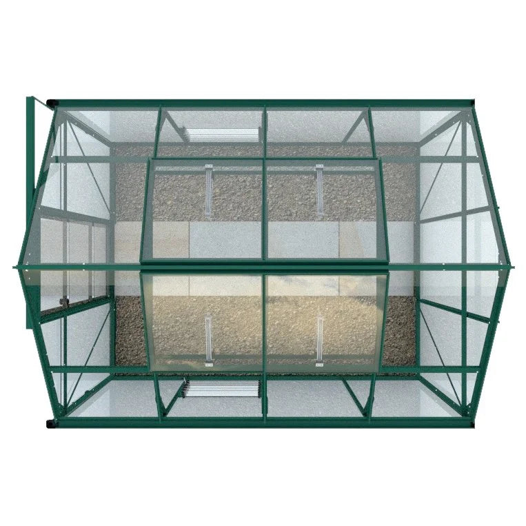 A rectangular Rhino Greenhouse with a green metal frame and transparent panels, viewed from above. Inside, there are gravel paths and two roof vents, surrounded by a white background.