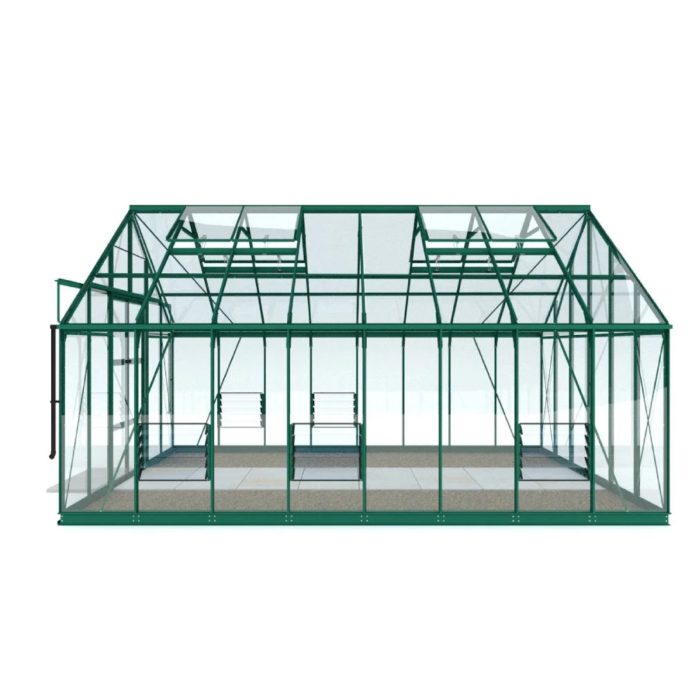 A green metal-framed Rhino Greenhouse stands on a plain ground, featuring large glass panels and multiple roof vents for ventilation. The backdrop is a simple, white environment.