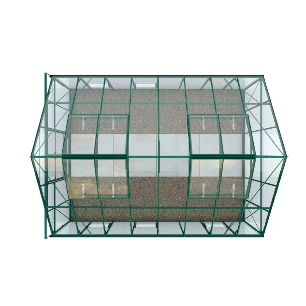 A rectangular Rhino Greenhouse with green framing encloses transparent glass panels, viewed from above, with plain brown flooring inside; the structure is isolated on a white background.