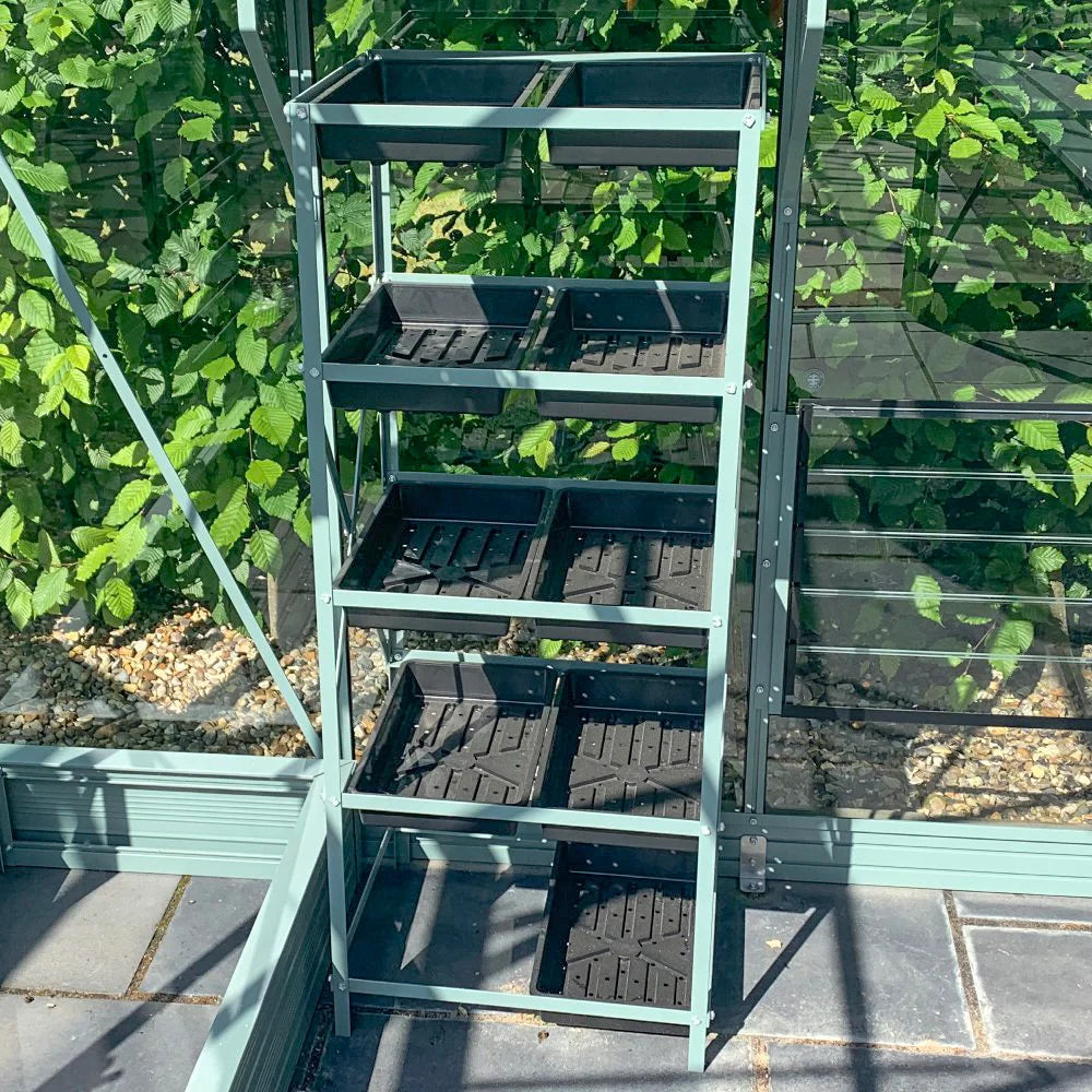 A metal shelving unit holds multiple black trays, positioned within a Rhino Greenhouse. The unit is surrounded by sunlit glass panels and leafy green plants, with a stone floor underneath.