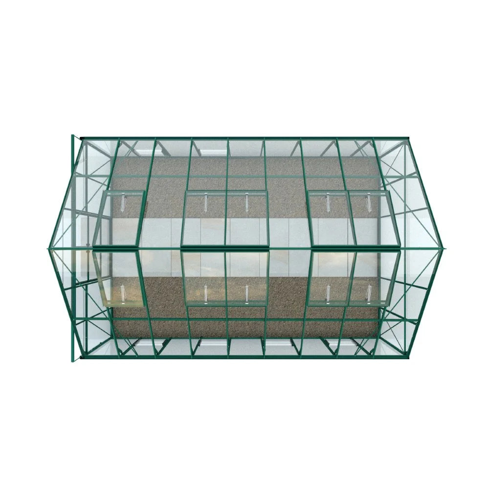 A rectangular Rhino Greenhouse with a green metal frame and transparent panels; viewed from above, revealing a gravel floor.