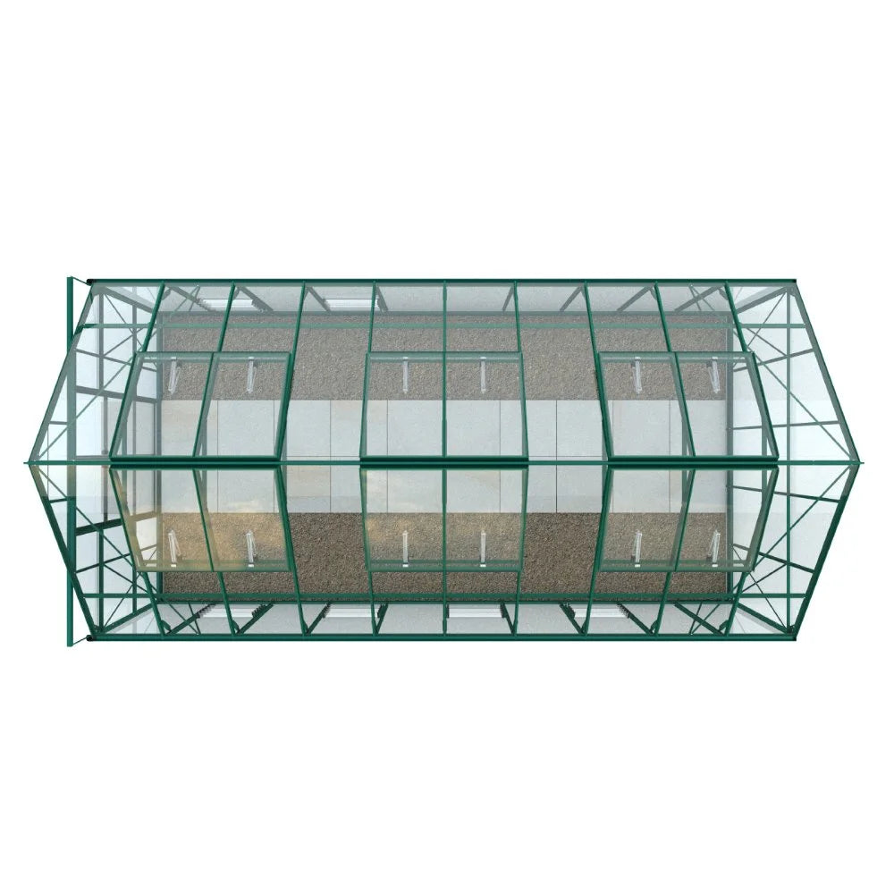 A rectangular Rhino Greenhouse with a green metal frame and transparent glass panels, viewed from above, houses a gravel floor within a white, isolated background.
