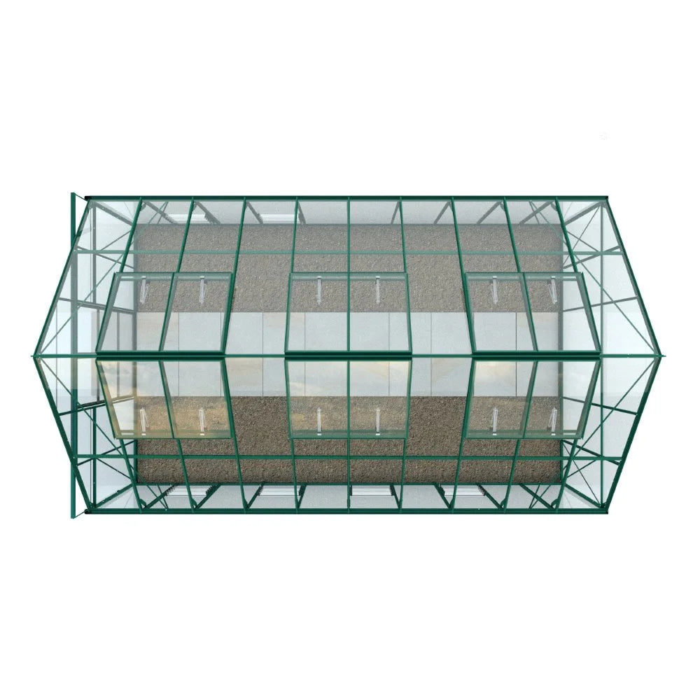 Rhino Greenhouse structure with a green metal frame and transparent panels, viewed from above; it is situated against a plain white background, highlighting its geometric design.
