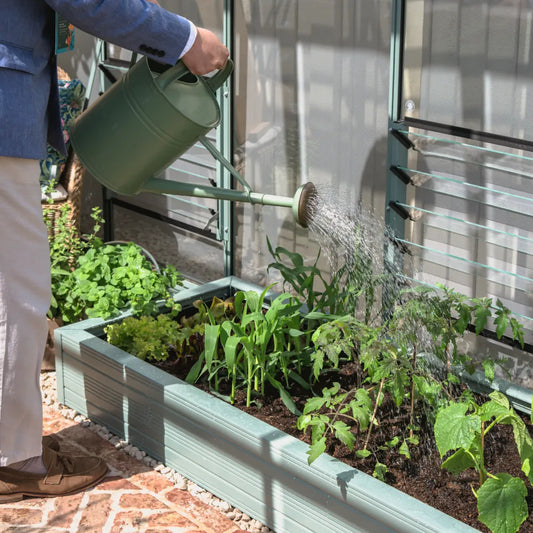 A person is watering plants using a green watering can in a raised planter within a Rhino Greenhouse environment. The plants appear healthy and well-tended, growing in rich soil.