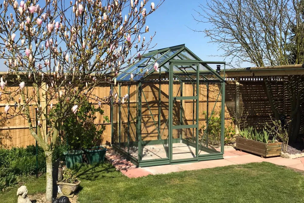 A small, green-framed glass Rhino Greenhouse stands on a paved area in a sunny garden with blooming trees, a wooden fence, and surrounding greenery.