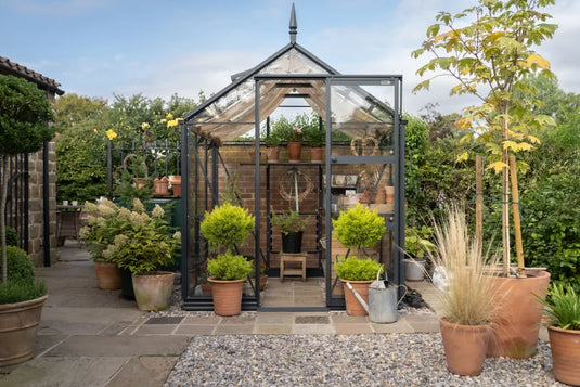 Rhino Greenhouse with potted plants visible inside, standing in a garden surrounded by more plants and trees. The scene includes stone paving and a gravel path, with a watering can nearby.