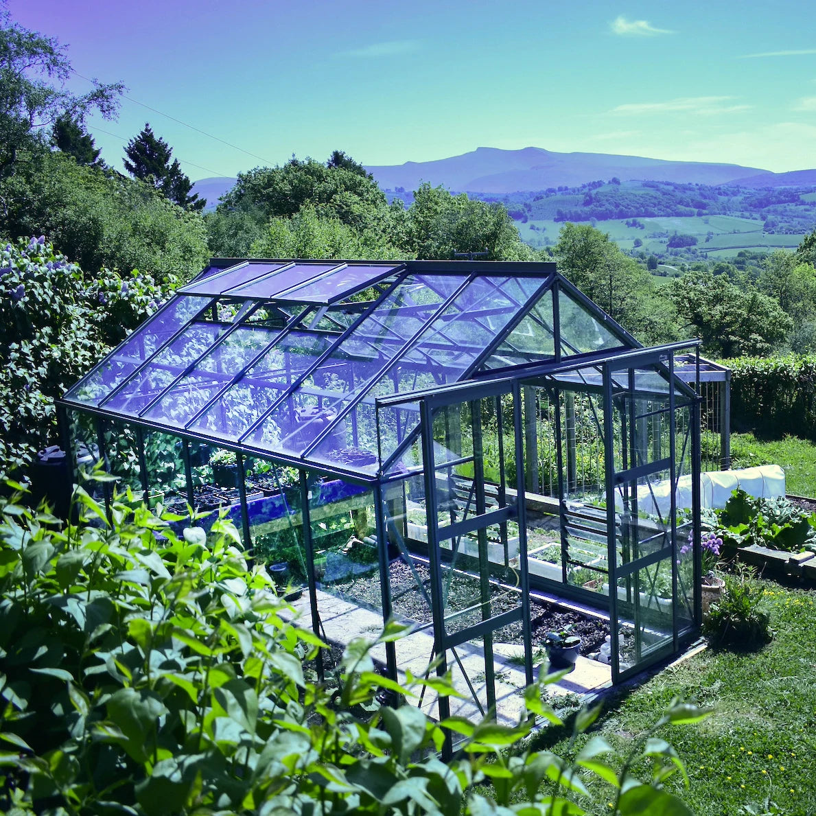 A glass Rhino Greenhouse sits among lush greenery, housing potted plants. Its transparent structure reflects the blue sky. In the background, rolling hills and scattered trees complete the serene landscape.