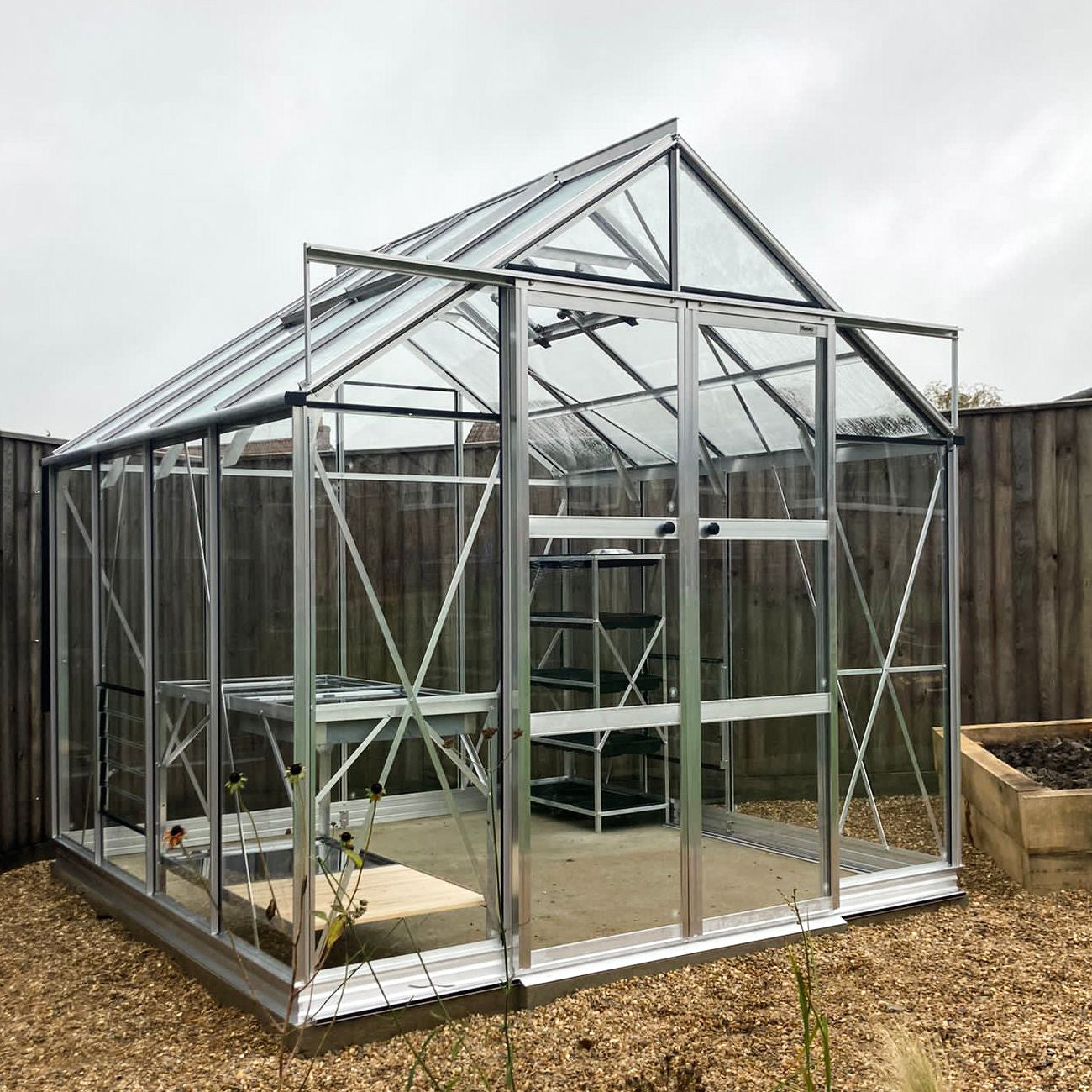 A glass Rhino Greenhouse with a metal frame stands on a gravel surface, featuring shelving inside and surrounded by a wooden fence and a planter in a garden setting.