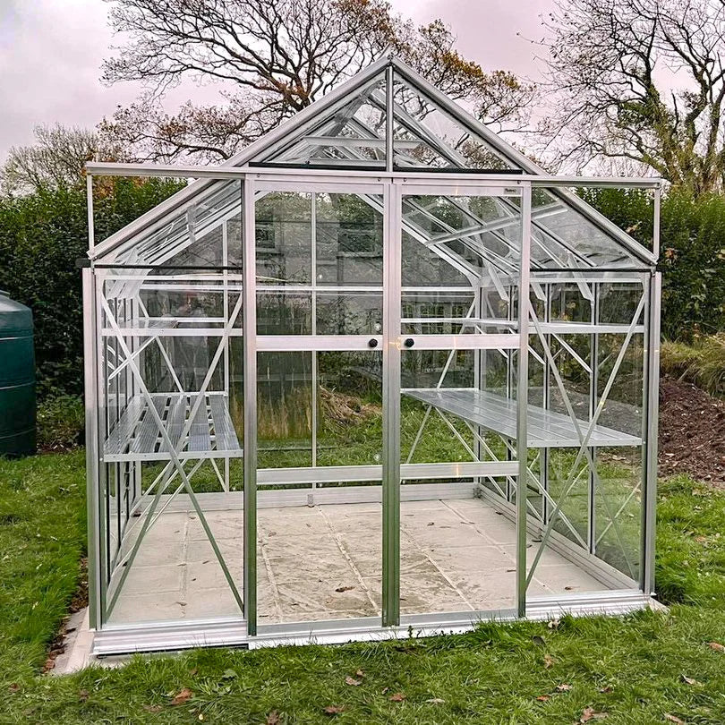 A glass Rhino Greenhouse stands on a tiled slab, featuring metal shelving inside. It is surrounded by green grass and a hedge, with trees visible in the background.
