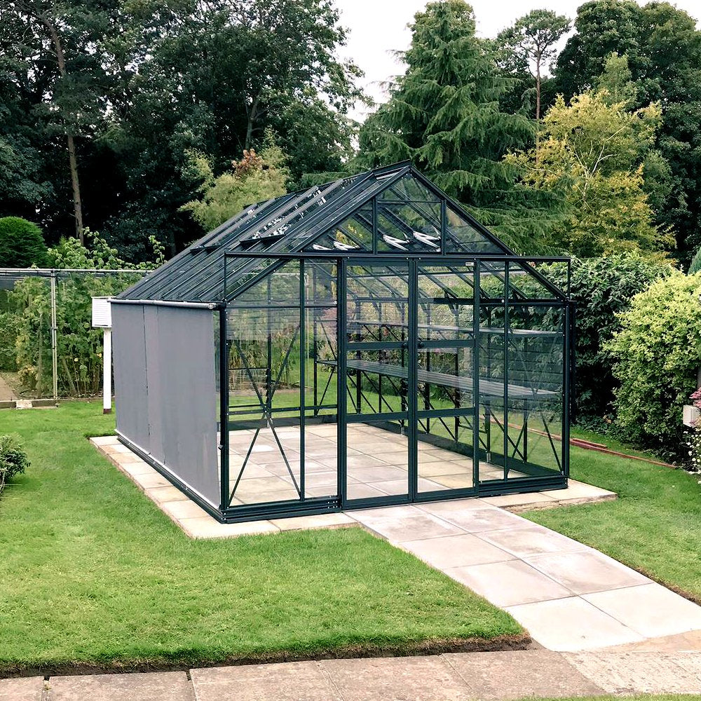 A glass Rhino Greenhouse stands on a paved patio, featuring open sliding doors. Surrounding it is a well-maintained lawn with lush green trees in the background, creating a serene garden setting.