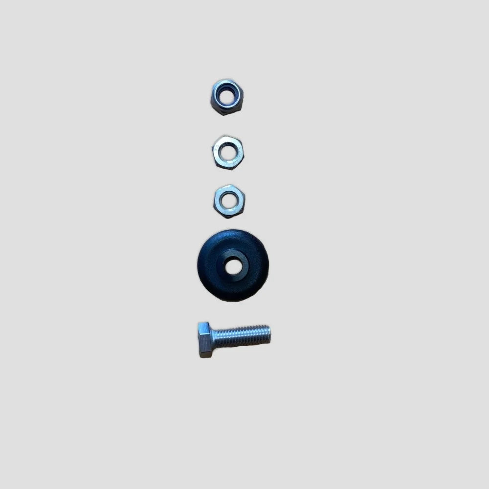 A bolt, three nuts, and a washer are aligned vertically against a plain, light background, illustrating assembly components.