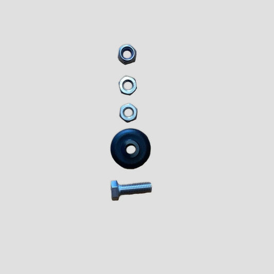 A bolt, three nuts, and a washer are aligned vertically against a plain, light background, illustrating assembly components.