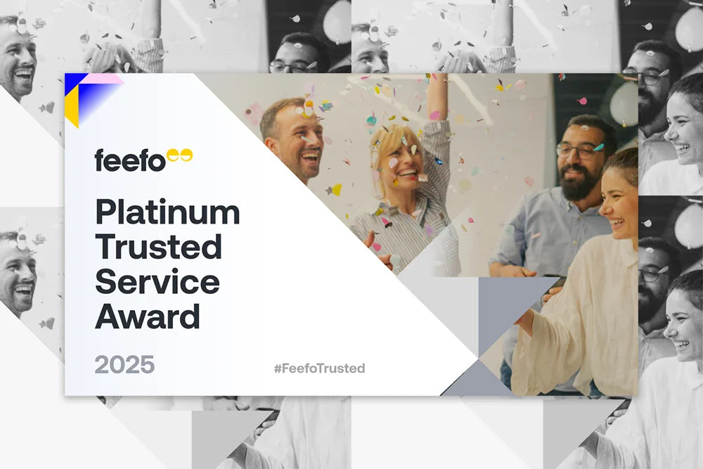 A group of people celebrate under colorful confetti. Text reads: feefo Platinum Trusted Service Award 2025 #FeefoTrusted. The setting appears festive and lively.