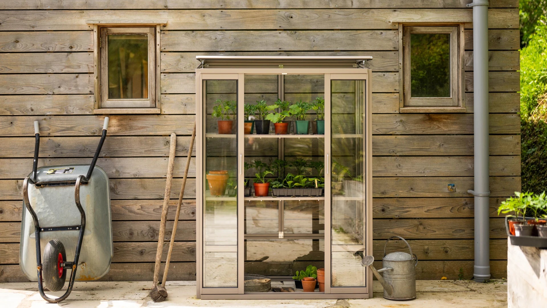 A compact Rhino Greenhouse with potted plants sits against a wooden wall. Nearby, a wheelbarrow leans, accompanied by a gardening tool and a metal watering can, creating a tidy gardening scene.