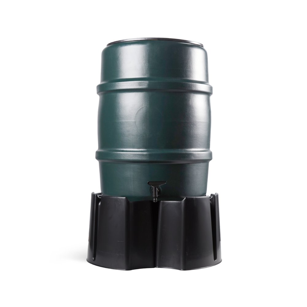 114 Litre water butt in green with 3 piece stand