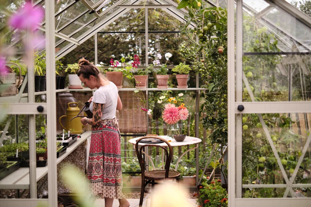 Woman waters plants with a yellow watering can inside a glass Rhino Greenhouse. Various potted plants surround her, with a small table and chair nearby. Lush greenery is visible outside.