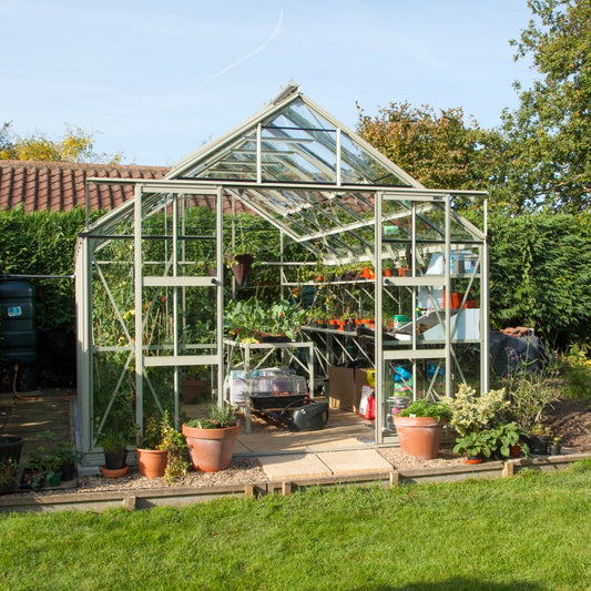 A glass Rhino Greenhouse shelters plants and gardening tools, positioned in a garden with grass and hedges, reflecting sunlight on a clear day.