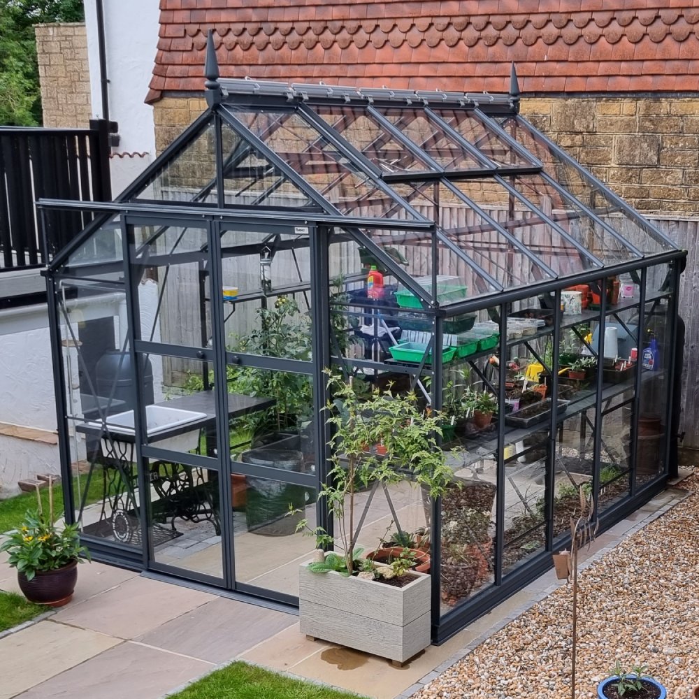 A glass Rhino Greenhouse stands on a patio, housing plants and gardening tools. It is surrounded by grass, gravel, and a brick wall, with nearby planters and outdoor furniture.
