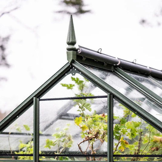 Rhino Greenhouse peak with a pointed finial. Glass panels reveal green plants inside, and raindrops are visible on the exterior. The background is a blurred, overcast sky with trees.