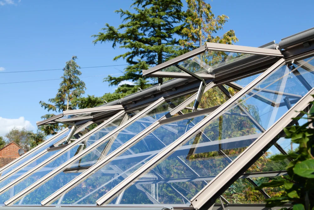 Glass Rhino Greenhouse panels are opening upwards, allowing ventilation. They are framed in metal with visible support beams. The background features green trees under a clear blue sky.