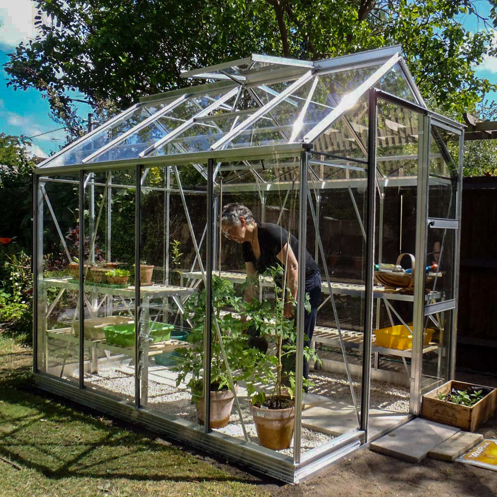 A glass Rhino Greenhouse shelters a person tending to plants in pots. Inside, gardening tools and containers are visible on shelves. It's set outdoors in a sunny garden with trees.