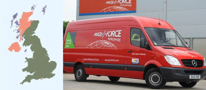 A red delivery van reads PARCELFORCE WORLDWIDE and Express Worldwide Delivery. It's parked in an industrial area. Next to it, a map of the UK highlights certain regions in red and green.