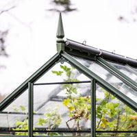 Rhino Greenhouse roof with a pointed finial, supports green plants visible through glass panels, set against a blurred white and green outdoor background.