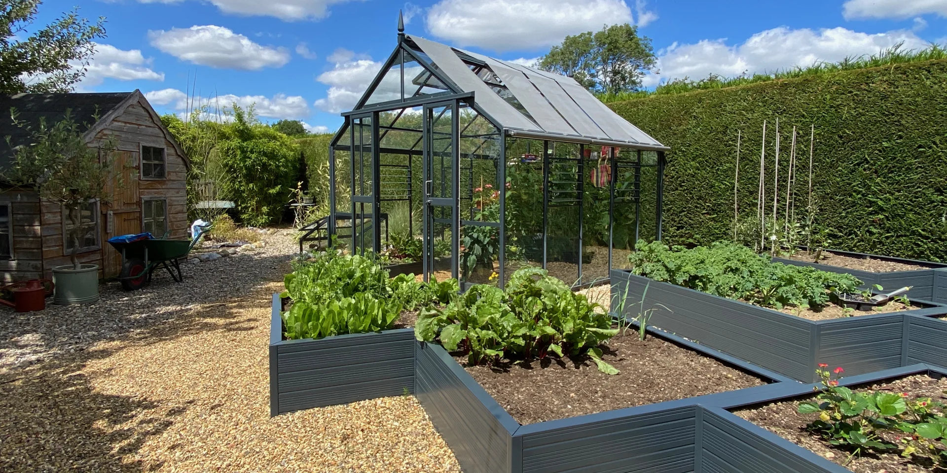 Glass Rhino Greenhouse stands surrounded by lush garden beds and gravel paths, adjacent to a rustic wooden shed, all under a bright blue sky with scattered clouds.