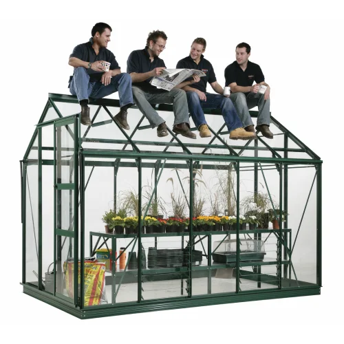 A sturdy green metal Rhino Greenhouse supports four seated men on its roof, with pots of plants and gardening materials inside, displaying the structure's strength and its functionality for gardening.