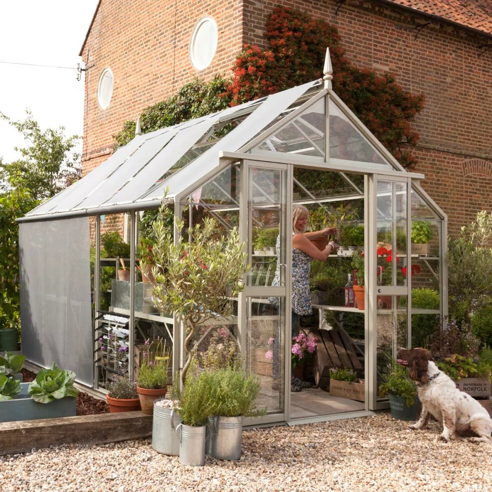 A Rhino Greenhouse stands in a garden setting. A person tends to plants inside, surrounded by flourishing greenery. A dog sits outside on a gravel path, near plant containers.