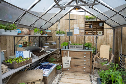 Inside a wooden Rhino Greenhouse, plants thrive on shelves and a wooden table. Gardening tools and seed packets are neatly organized. A sign reads, RHINO Rhino Greenhouses Handmade in NORFOLK.