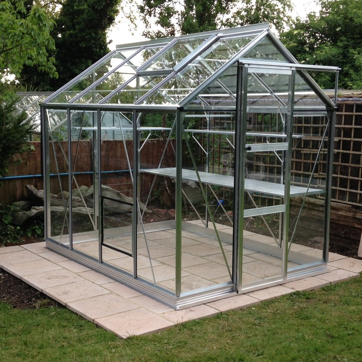 A glass Rhino Greenhouse stands on a stone patio, featuring metal framing and shelves. It is situated in a garden surrounded by trees and a wooden fence.