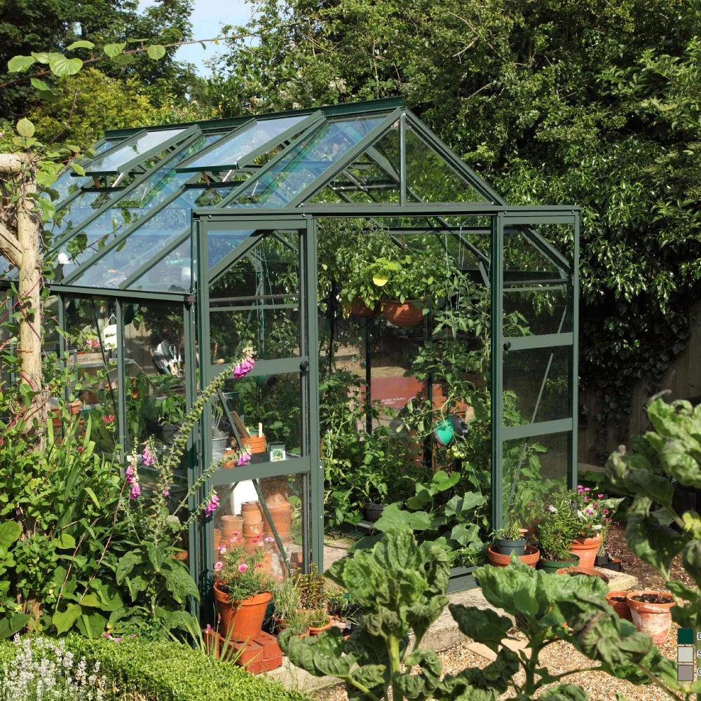 A green metal-framed Rhino Greenhouse displays thriving plants inside and outside, surrounded by various potted flowers and a lush garden environment. Sunlight streams through the transparent roof panels.