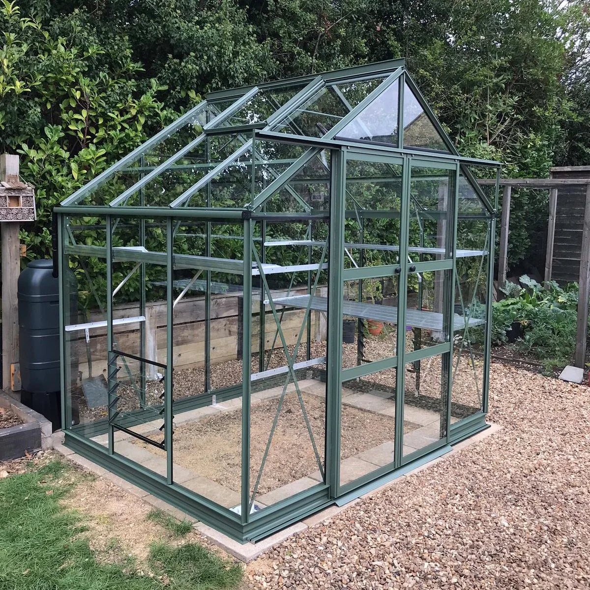 A green, glass Rhino Greenhouse stands on gravel, surrounded by lush plants and trees. It features a metal frame with a pitched roof and glass panes, offering a sturdy gardening space.