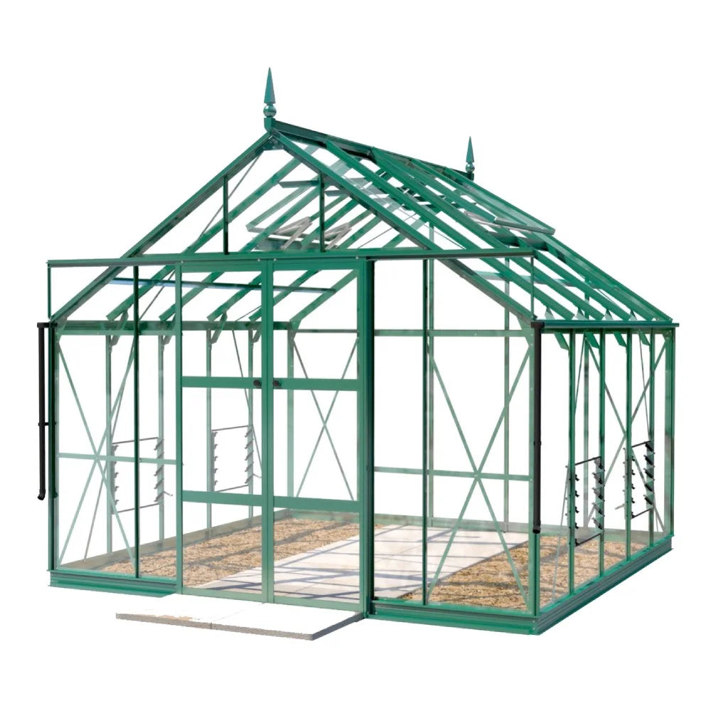 A large green metal-framed Rhino Greenhouse with clear glass panels and sliding doors stands on a white background, featuring triangular vents and a pointed roof design.