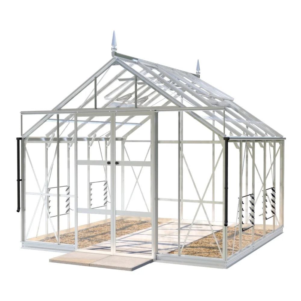 A glass Rhino Greenhouse with a pointed roof structure stands on a concrete base, featuring metal framework and side ventilation panels, set against a plain white background.