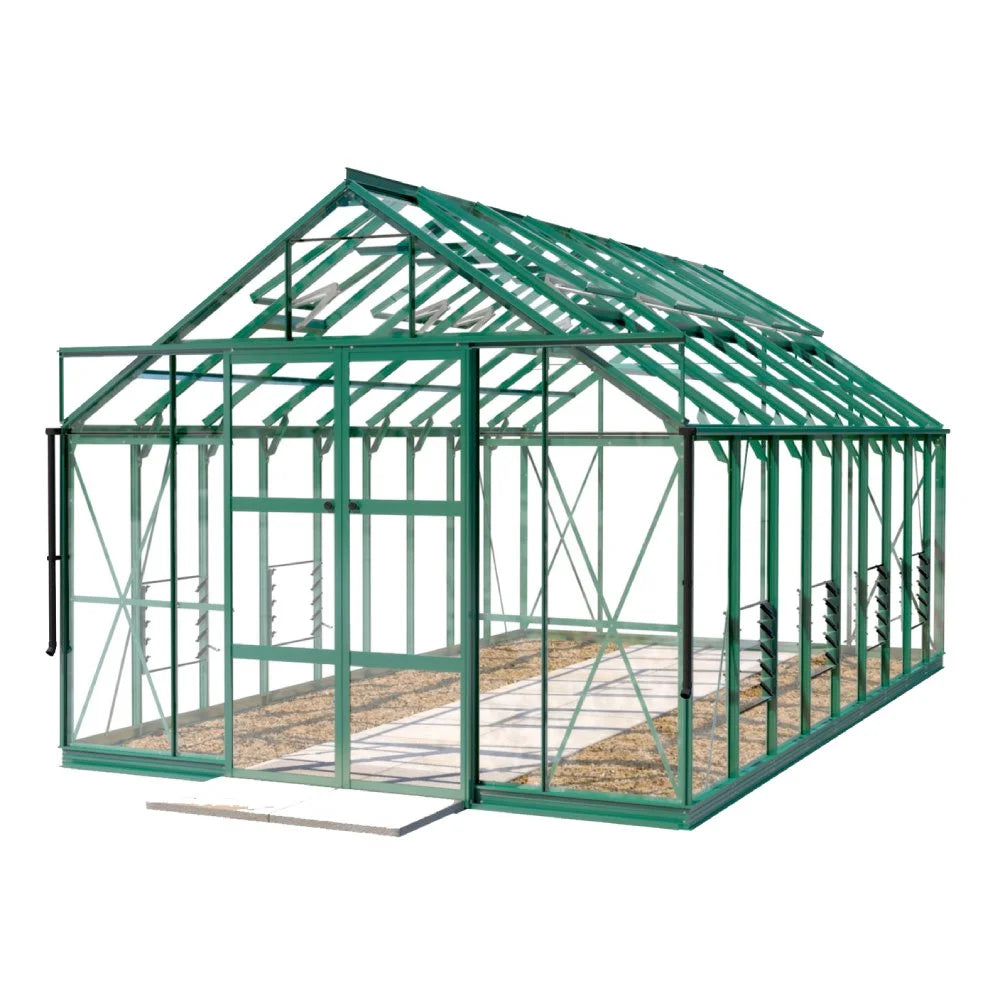 A green-frame Rhino Greenhouse stands with open sliding doors, featuring glass panels and roof vents, in a minimal, plain white setting.