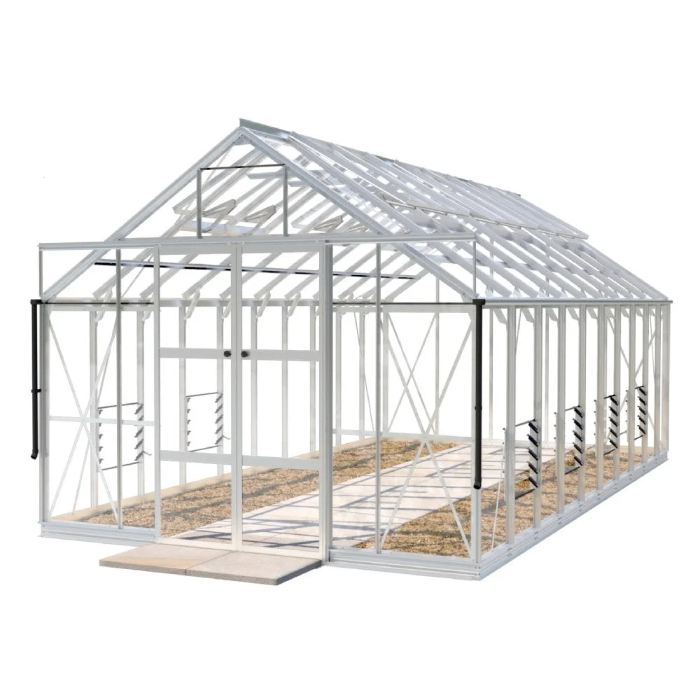 Glass Rhino Greenhouse with a white metal frame, featuring double doors open wide. Set on a tiled pathway, it is designed to allow maximum light inside.