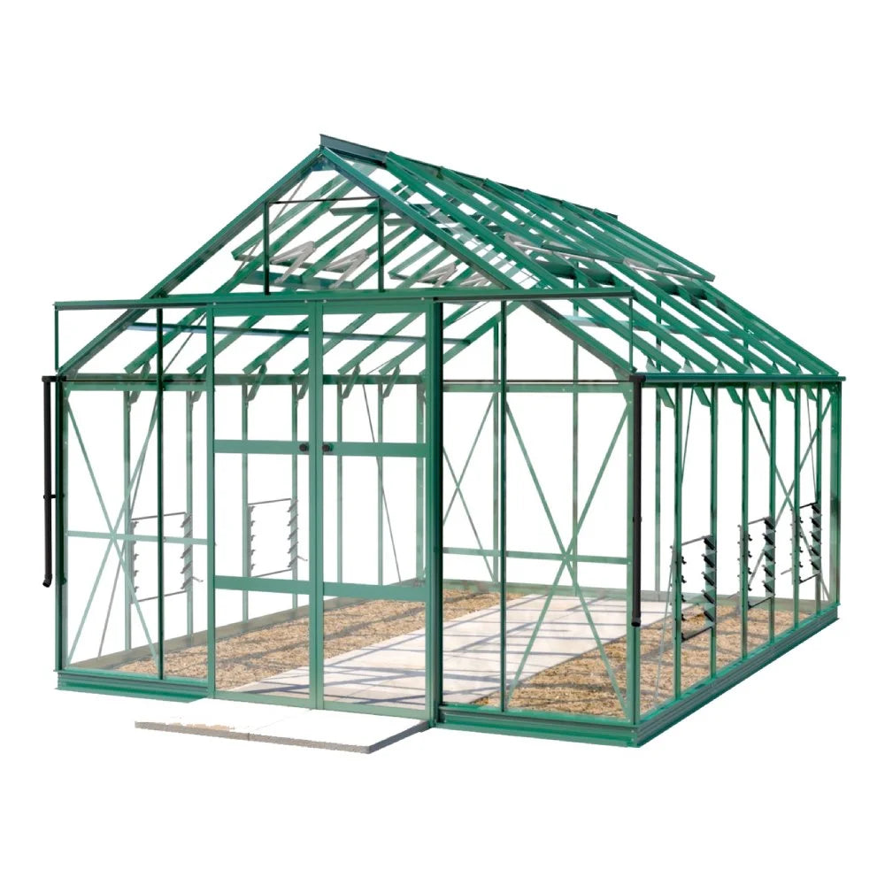 A green metal-framed Rhino Greenhouse stands empty, showcasing open interior space with growing beds. The structure features transparent panels and cross-bracing, set against a plain white background.