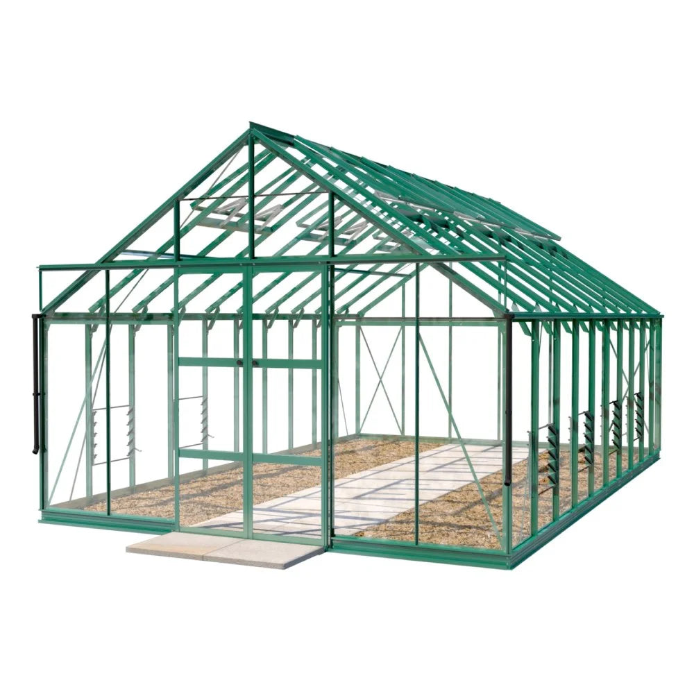 A green-framed glass Rhino Greenhouse stands on a paved base, with open sliding doors. It features roof vents, surrounded by a simple, empty setting suitable for gardening.
