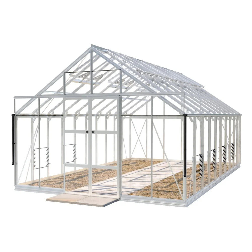 A large, transparent Rhino Greenhouse with a pitched roof and sliding doors; situated on a gravel or dirt surface, surrounded by a minimal white background.