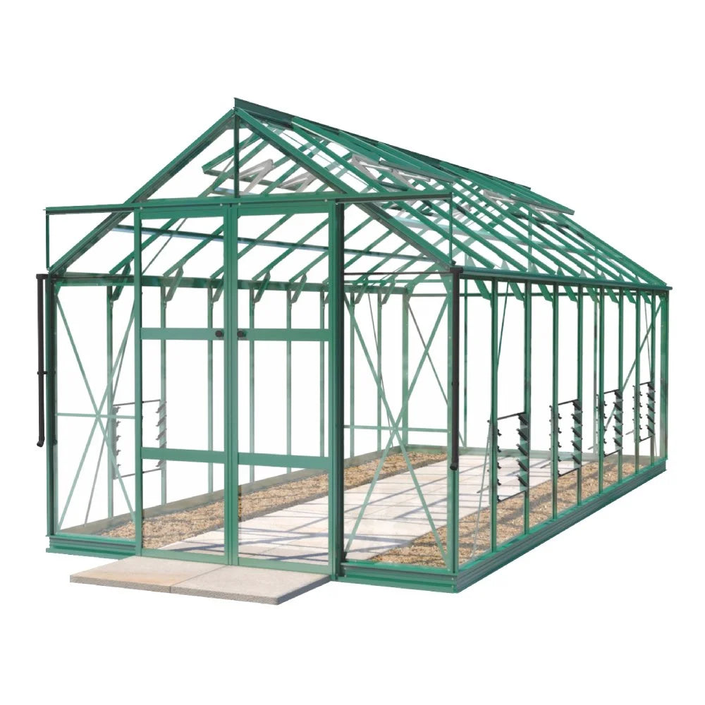 A green Rhino Greenhouse with a gabled roof stands sturdy, supported by metal frames, on a gravel base with stepping stones at the entrance, against a plain white background.