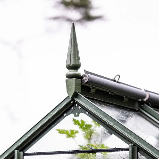 A green Rhino Greenhouse roof with decorative finial shows leaves inside, framed by wet glass panes. A tube structure is attached, against a blurred white background.