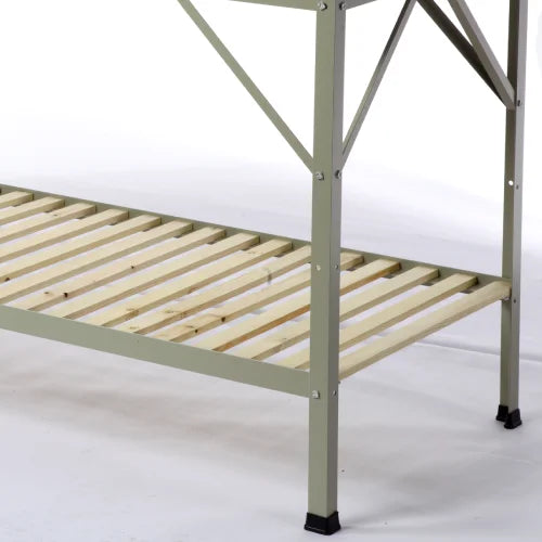 Metal shelf with slatted wooden surface stands on black-capped legs, offering sturdy storage. Positioned against a plain, white background, suggesting a Rhino Greenhouse or gardening utility context.