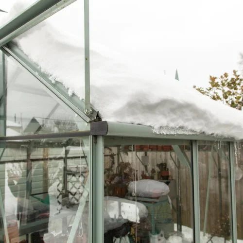 A snow-covered Rhino Greenhouse stands under an overcast sky. Inside, shelves hold gardening tools and supplies. The structure is surrounded by a wooden fence and sparse trees.